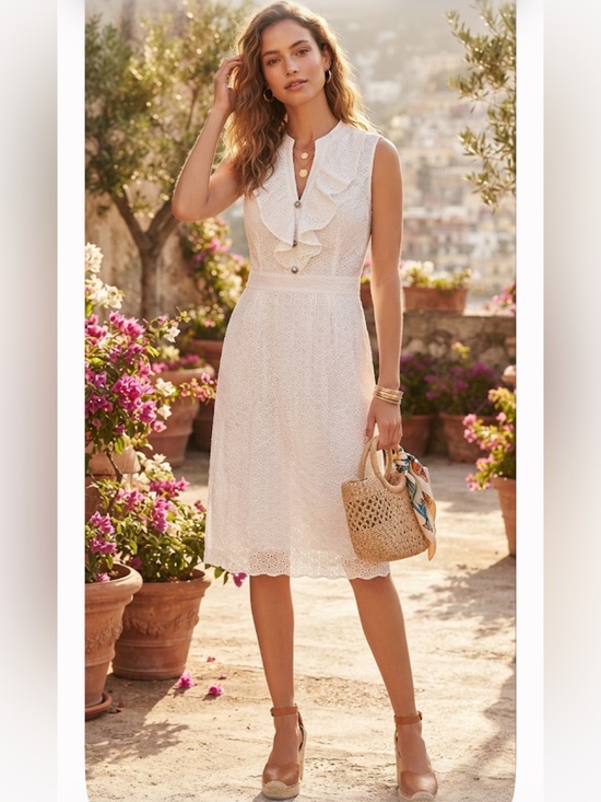 Chadwicks Dresses & Skirts - NWT Chadwick’s White 100% Cotton Eyelet Ruffle Sleeveless Knee-Length Dress